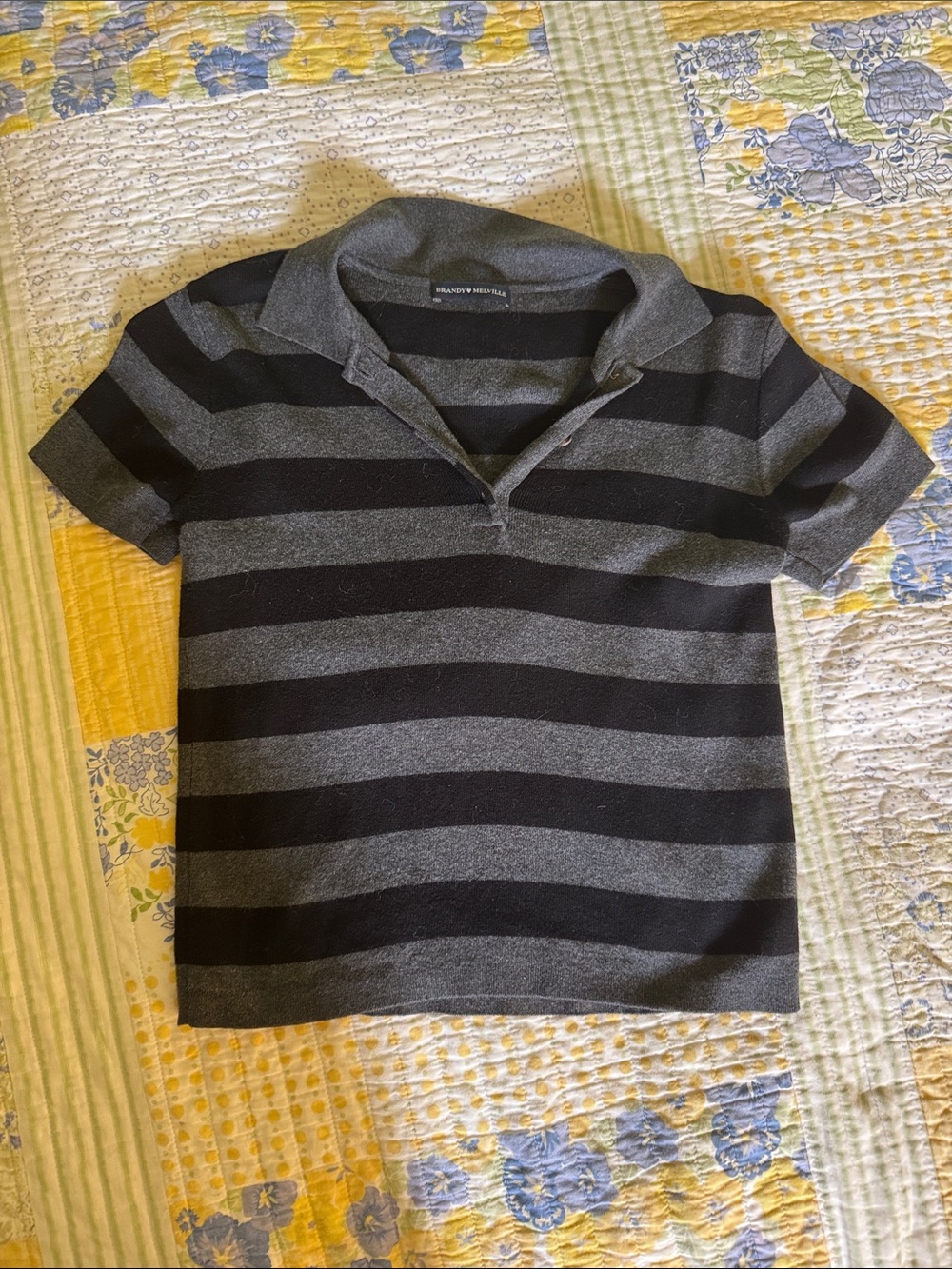 Brandy Melville Black & Gray Striped Polo Top